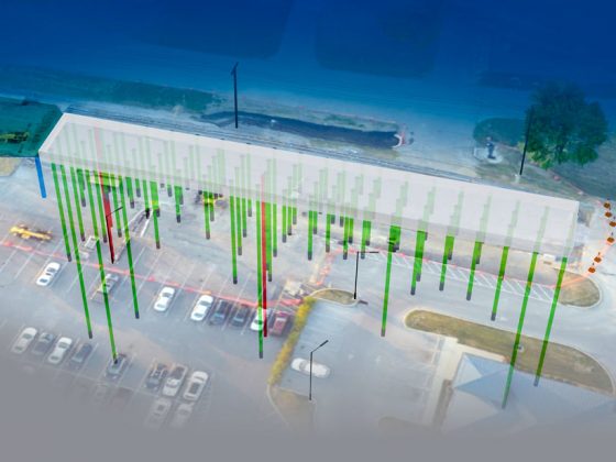 Rendering illustrates concrete slab supported by 84 micropiles.